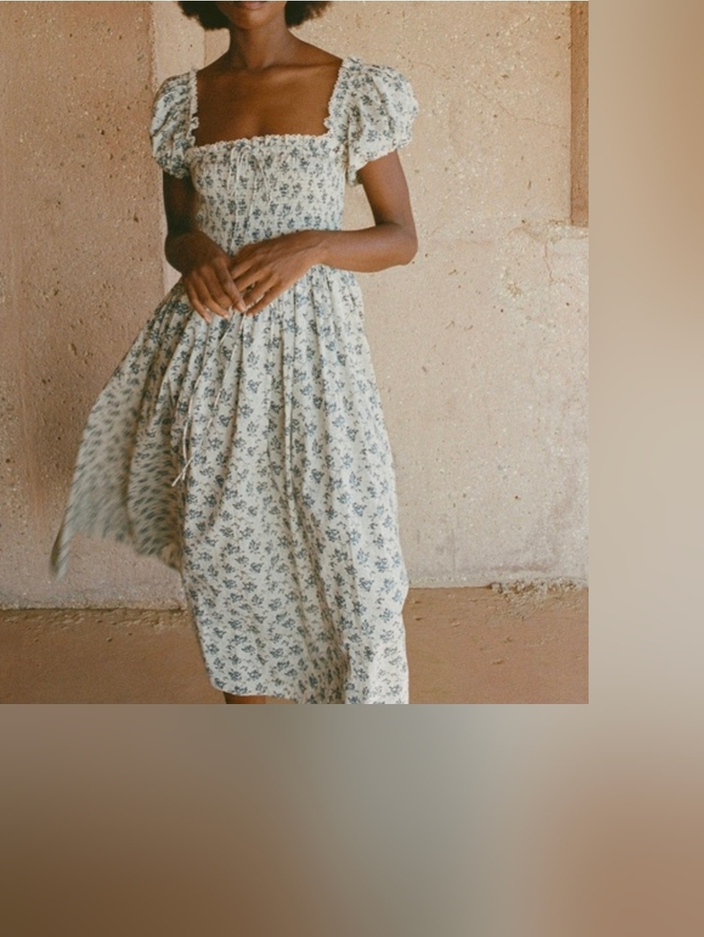Doen Blue Floral Stanza Puff Sleeve Cotton Midi Dress - Picture 2 of 14